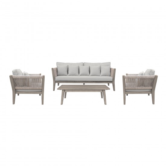 Condesa 4 Piece Patio Furniture Set in Acacia Wood and Rope with Grey Cushions