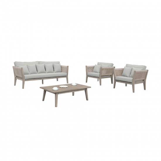 Condesa 4 Piece Patio Furniture Set in Acacia Wood and Rope with Grey Cushions