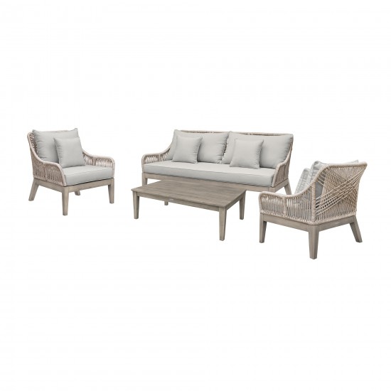 Hawaii 4 Piece Patio Furniture Set in Acacia Wood and Rope with Grey Cushions