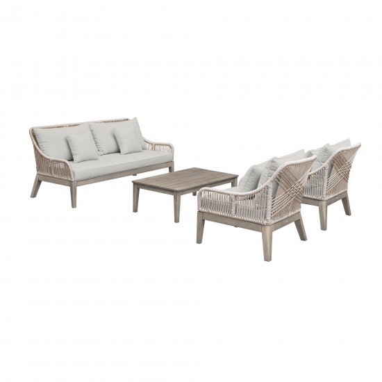 Hawaii 4 Piece Patio Furniture Set in Acacia Wood and Rope with Grey Cushions