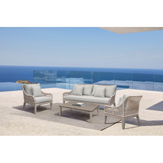 Hawaii 4 Piece Patio Furniture Set in Acacia Wood and Rope with Grey Cushions
