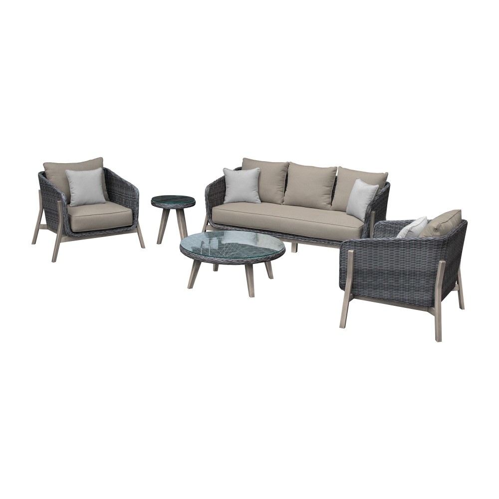 Pismo 5-Piece Patio Furniture Set in Acacia Wood and Wicker with Taupe Cushions