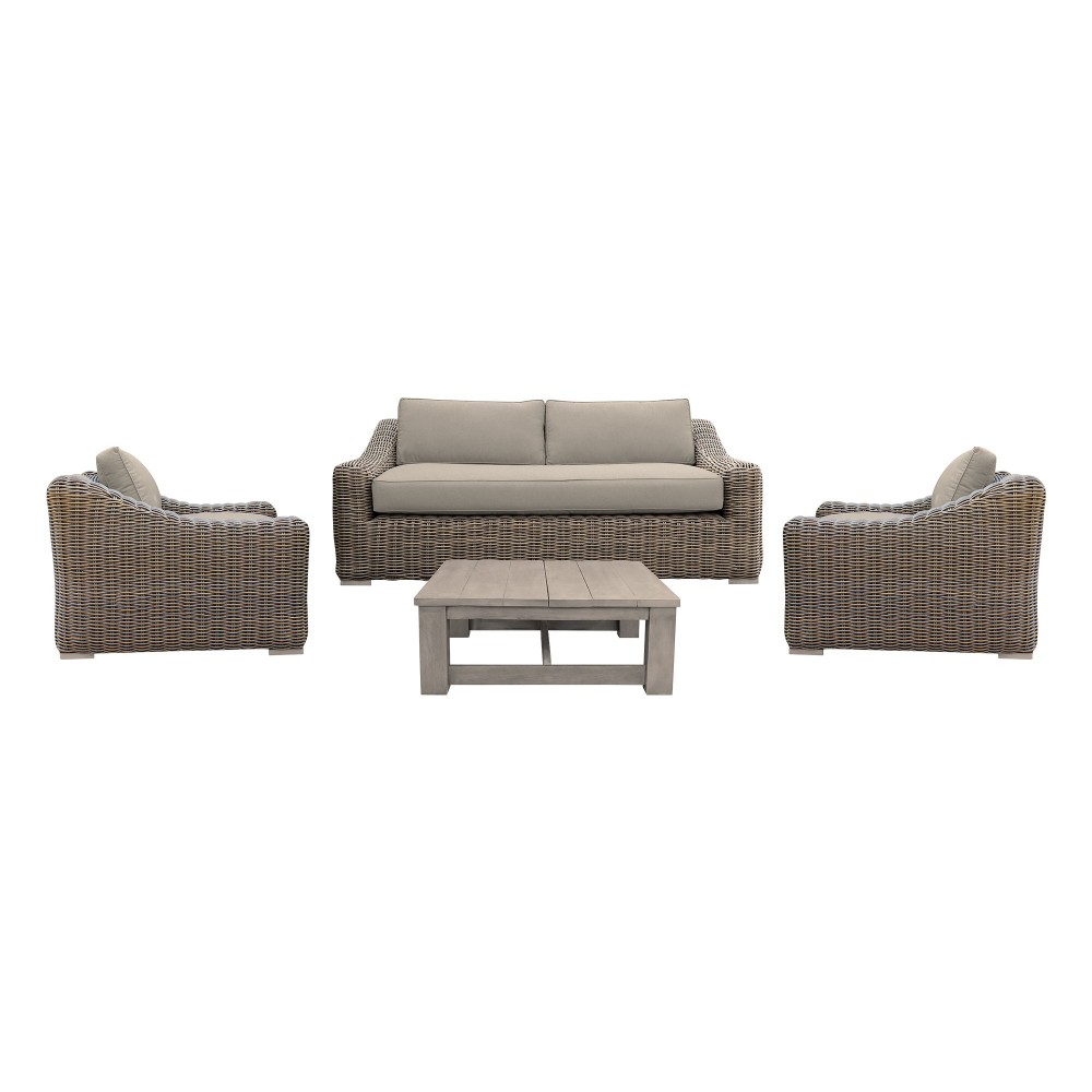 Verano 4 Piece Patio Furniture Set in Wicker and Acacia Wood with Taupe Cushions