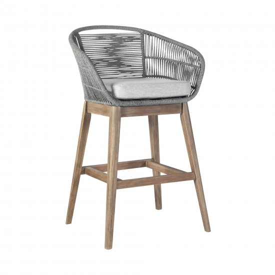 Tutti Frutti Indoor Bar Height Bar Stool in Aged Teak Wood with Grey Rope