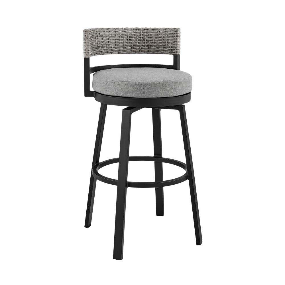 Encinitas Patio Swivel Bar Stool in Aluminum and Wicker with Grey Cushions