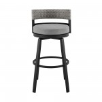 Encinitas Patio Swivel Bar Stool in Aluminum and Wicker with Grey Cushions