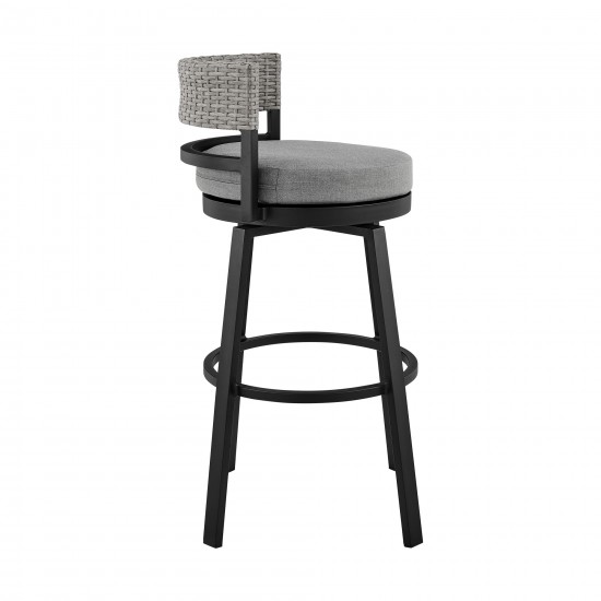 Encinitas Patio Swivel Bar Stool in Aluminum and Wicker with Grey Cushions