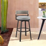 Encinitas Patio Swivel Bar Stool in Aluminum and Wicker with Grey Cushions