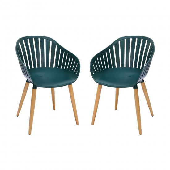 Nassau Outdoor Green Dining Chair with Eucalyptus Wood Legs - Set of 2