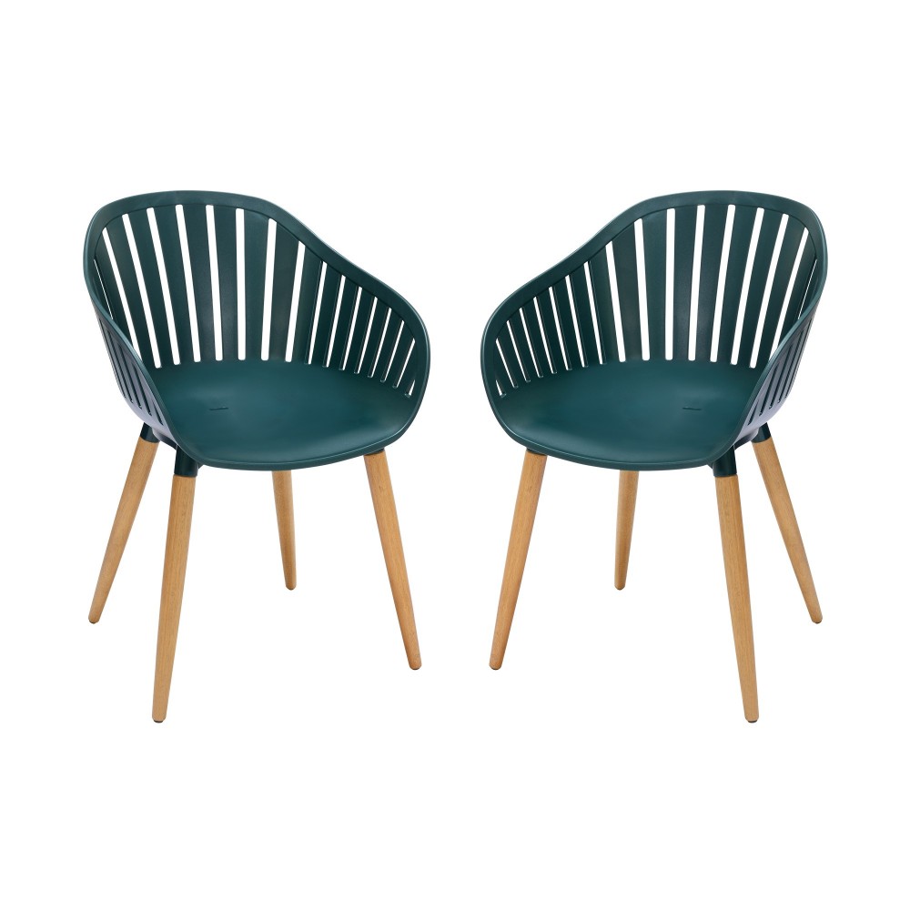 Nassau Outdoor Green Dining Chair with Eucalyptus Wood Legs - Set of 2