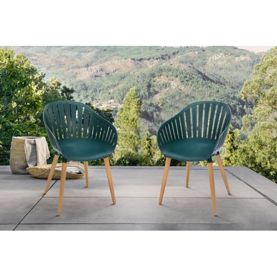 Nassau Outdoor Green Dining Chair with Eucalyptus Wood Legs - Set of 2