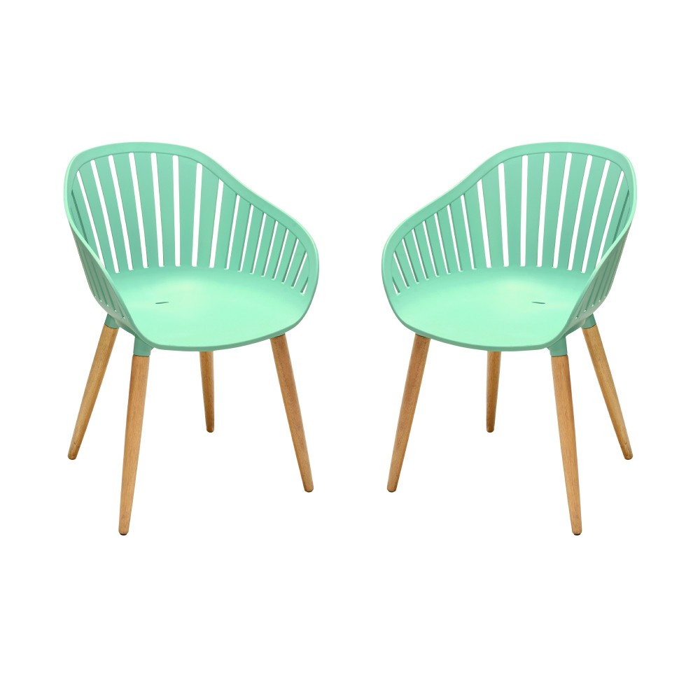 Nassau Outdoor Mint Green Dining Chair with Eucalyptus Wood Legs - Set of 2