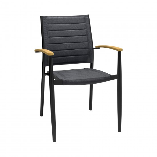 Portals Outdoor Black Aluminum Stacking Dining Chair with Teak Arms - Set of 2