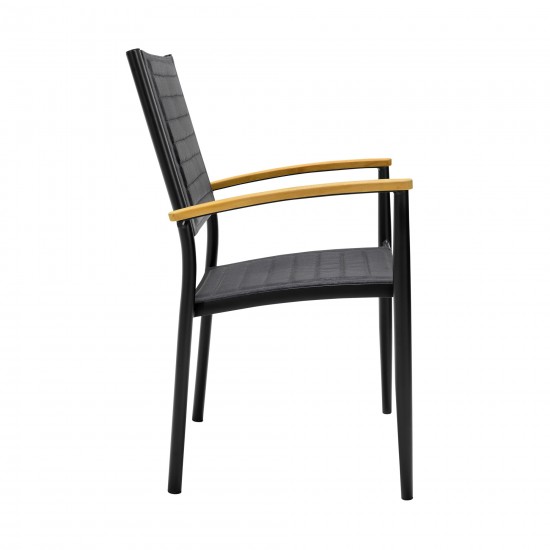 Portals Outdoor Black Aluminum Stacking Dining Chair with Teak Arms - Set of 2