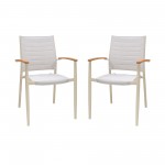 Portals Coral Sand Aluminum Stacking Dining Chair with Teak Arms - Set of 2