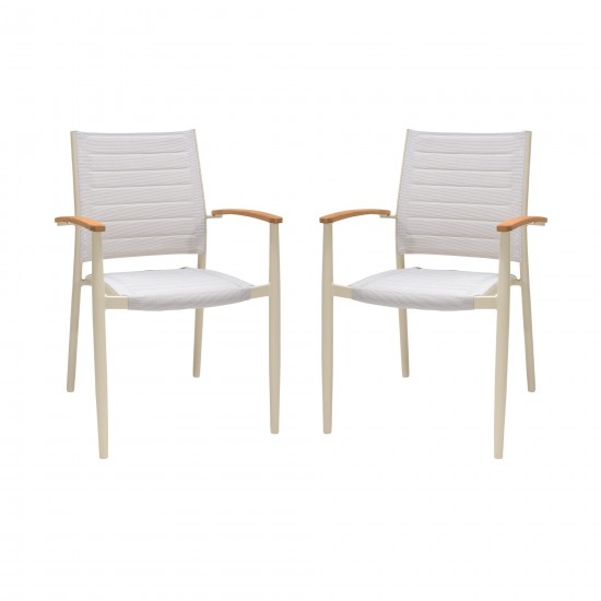 Portals Coral Sand Aluminum Stacking Dining Chair with Teak Arms - Set of 2