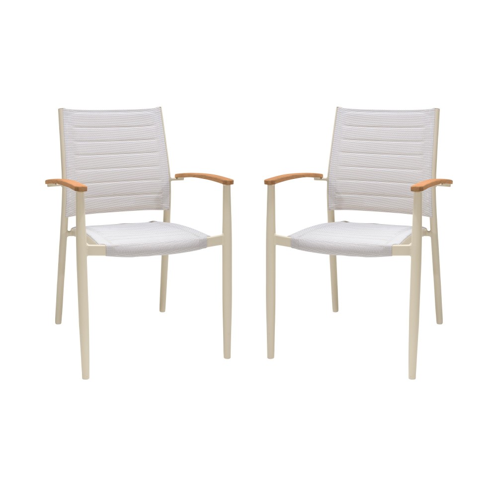 Portals Coral Sand Aluminum Stacking Dining Chair with Teak Arms - Set of 2
