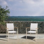 Portals Coral Sand Aluminum Stacking Dining Chair with Teak Arms - Set of 2
