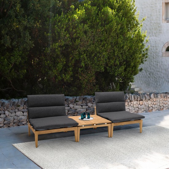 Arno Outdoor 3 Piece Teak Wood Seating Set in Charcoal Olefin