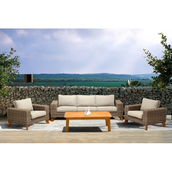 Bahamas Outdoor 4 Piece Wicker & Teak Sofa Seating Set with Beige Olefin