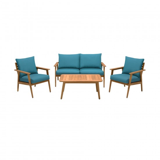 Eve Outdoor 4 Piece Teak Wood Sofa Seating Set with Teal Olefin