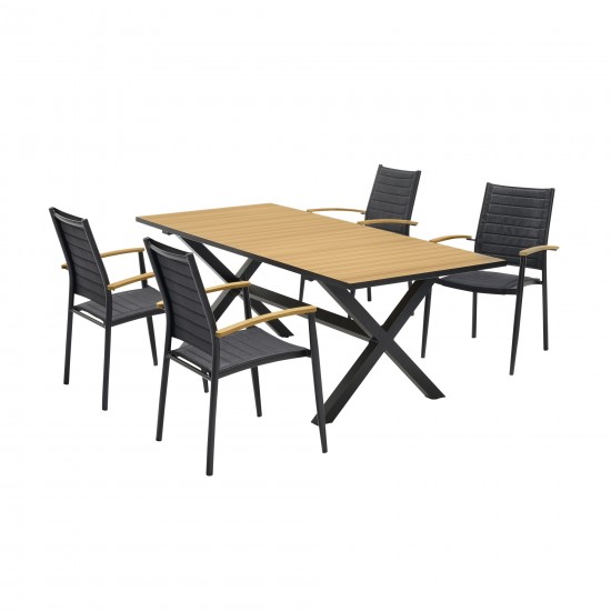 Portals Outdoor 5 Piece Black Aluminum & Teak Wood Dining Set