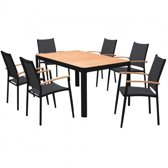 Portals Outdoor 7 Piece Black Aluminum & Teak Wood Dining Set