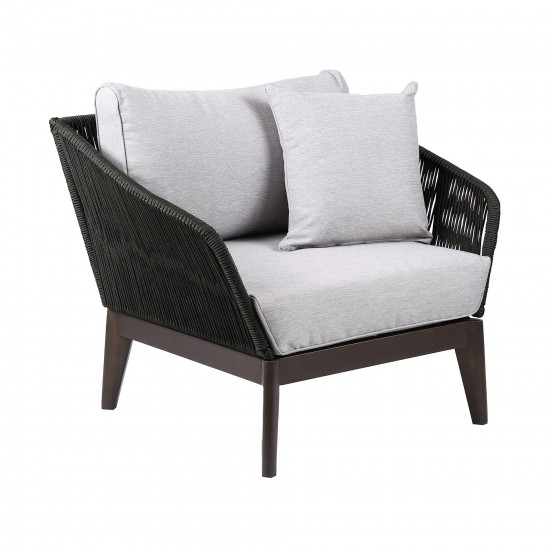 Athos Indoor Club Chair in Dark Eucalyptus Wood with Latte and Grey Cushions