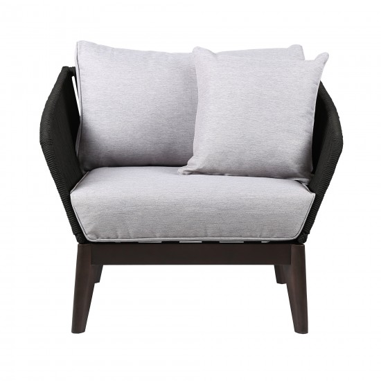 Athos Indoor Club Chair in Dark Eucalyptus Wood with Latte and Grey Cushions