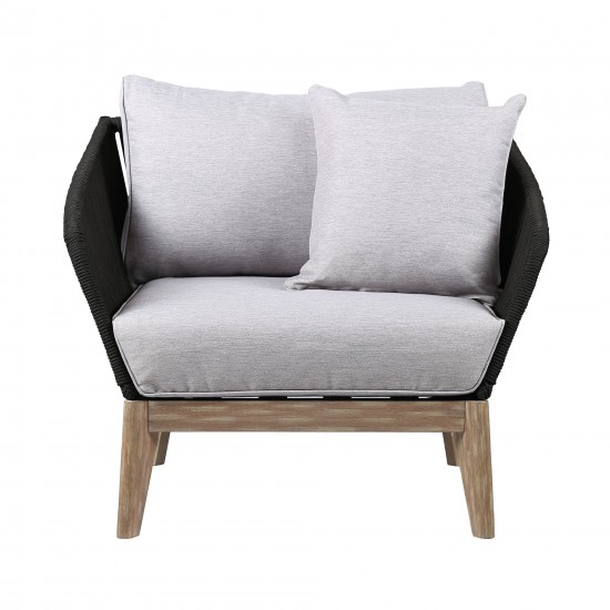 Athos Indoor Club Chair in Light Eucalyptus Wood with Latte and Grey Cushions