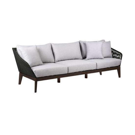 Athos Indoor 3 Seater Sofa in Dark Eucalyptus Wood with Latte and Grey Cushions