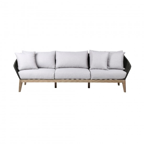 Athos Indoor 3 Seater Sofa in Light Eucalyptus Wood with Latte and Grey Cushions