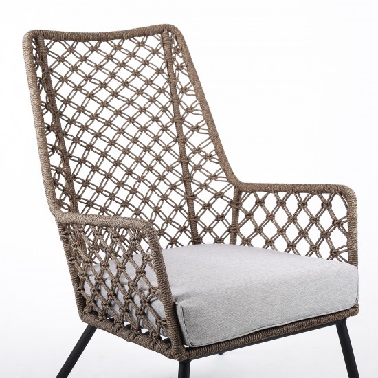 Marco Indoor Outdoor Steel Lounge Chair with Truffle Rope and Grey Cushion