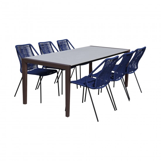 Indoor 7 Piece Dining Set in Dark Wood with Superstone and Blue Rope