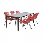 Indoor 7 Piece Dining Set in Dark Wood with Superstone and Red Rope