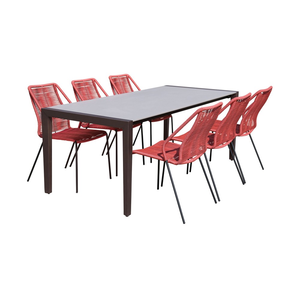 Indoor 7 Piece Dining Set in Dark Wood with Superstone and Red Rope