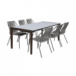 Indoor 7 Piece Dining Set in Dark Wood with Superstone and Grey Rope