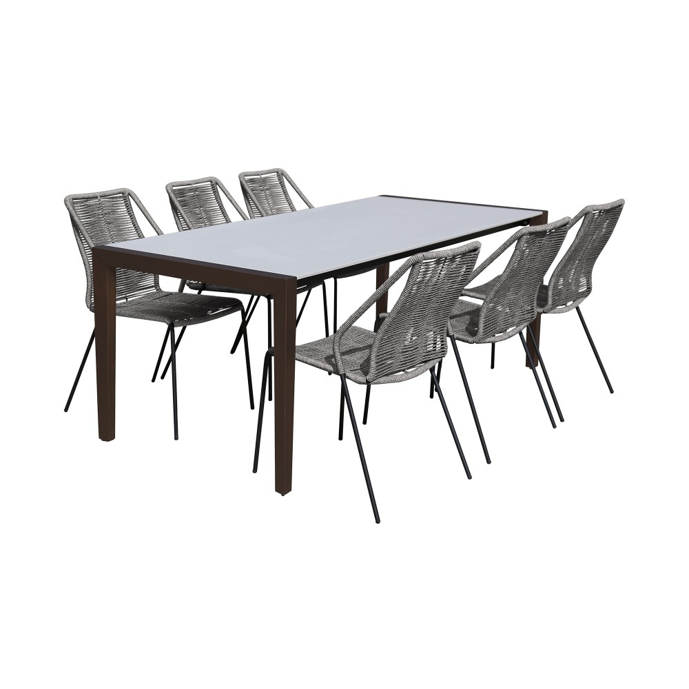 Indoor 7 Piece Dining Set in Dark Wood with Superstone and Grey Rope