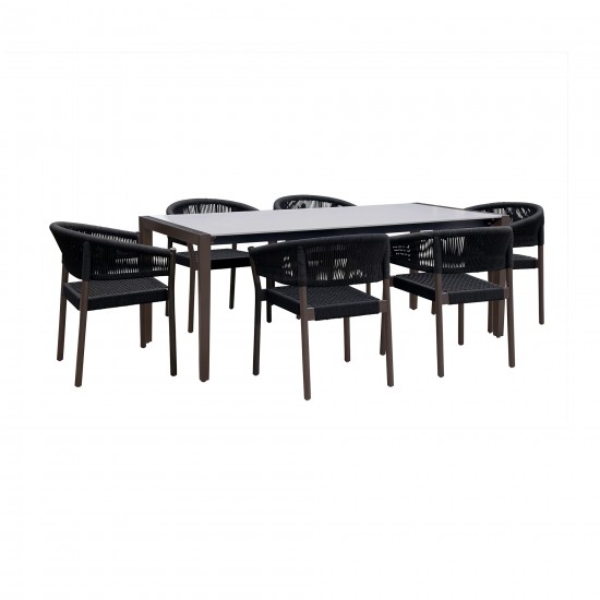 Indoor 7 Piece Dining Set in Dark Wood with Superstone and Black Rope