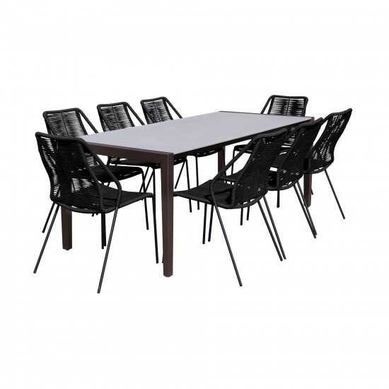 Indoor 9 Piece Dining Set in Dark Wood with Superstone and Black Rope