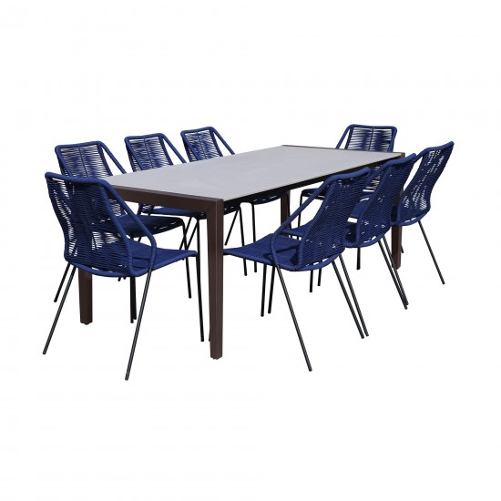 Indoor 9 Piece Dining Set in Dark Wood with Superstone and Blue Rope