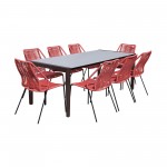 Indoor 9 Piece Dining Set in Dark Wood with Superstone and Red Rope