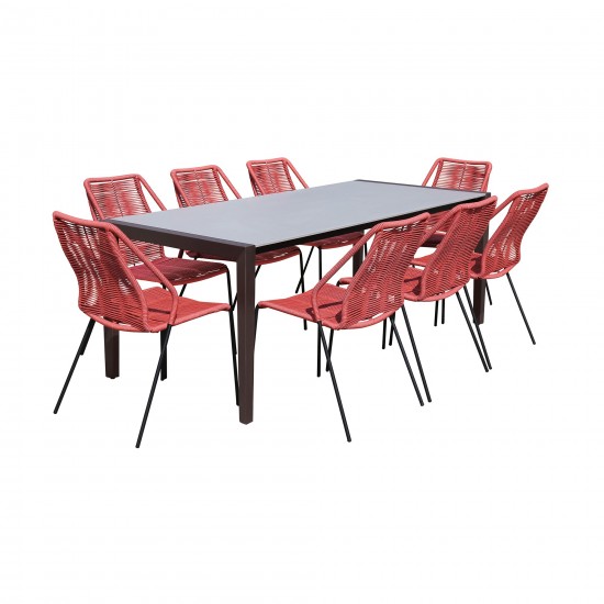 Indoor 9 Piece Dining Set in Dark Wood with Superstone and Red Rope