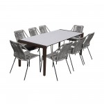 Indoor 9 Piece Dining Set in Dark Wood with Superstone and Grey Rope