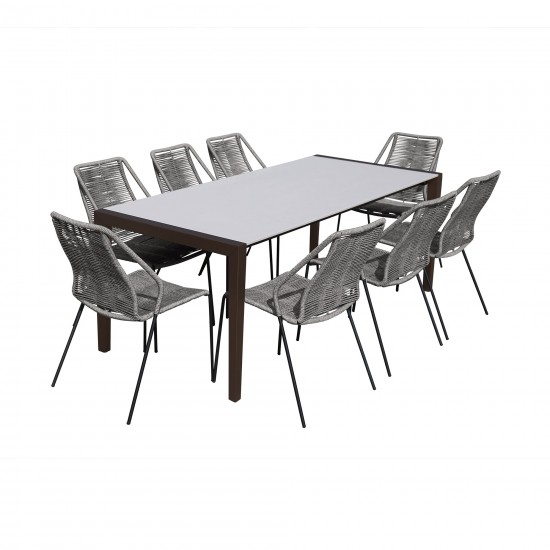 Indoor 9 Piece Dining Set in Dark Wood with Superstone and Grey Rope