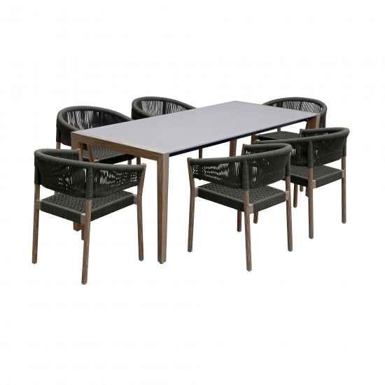 Indoor 7 Piece Dining Set in Light Eucalyptus Wood with Superstone