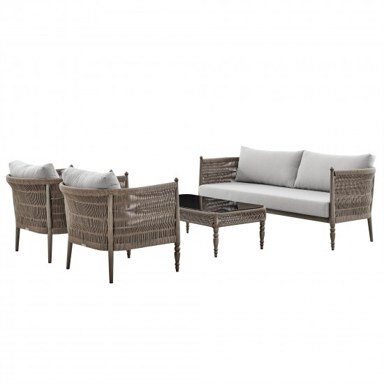 Safari 4 Piece Outdoor Aluminum and Rope Seating Set with Grey Cushions