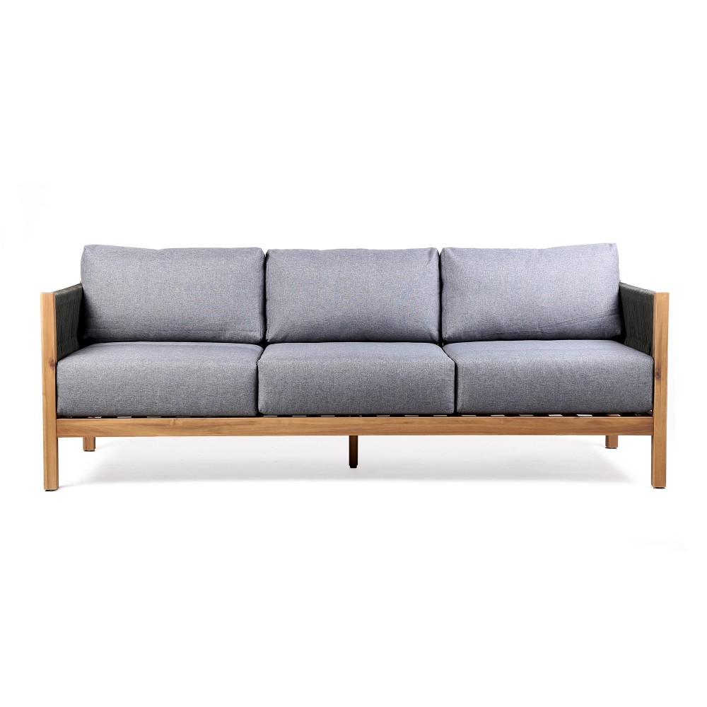 Sienna Outdoor Eucalyptus Sofa in Teak Finish with Grey Cushions