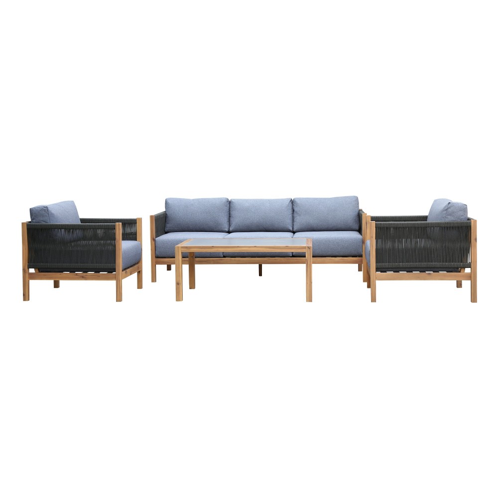 Sienna 4 Piece Acacia Wood Sofa Seating Set with Teak Finish and Grey Cushions