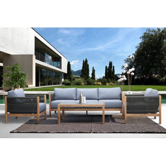 Sienna 4 Piece Acacia Wood Sofa Seating Set with Teak Finish and Grey Cushions